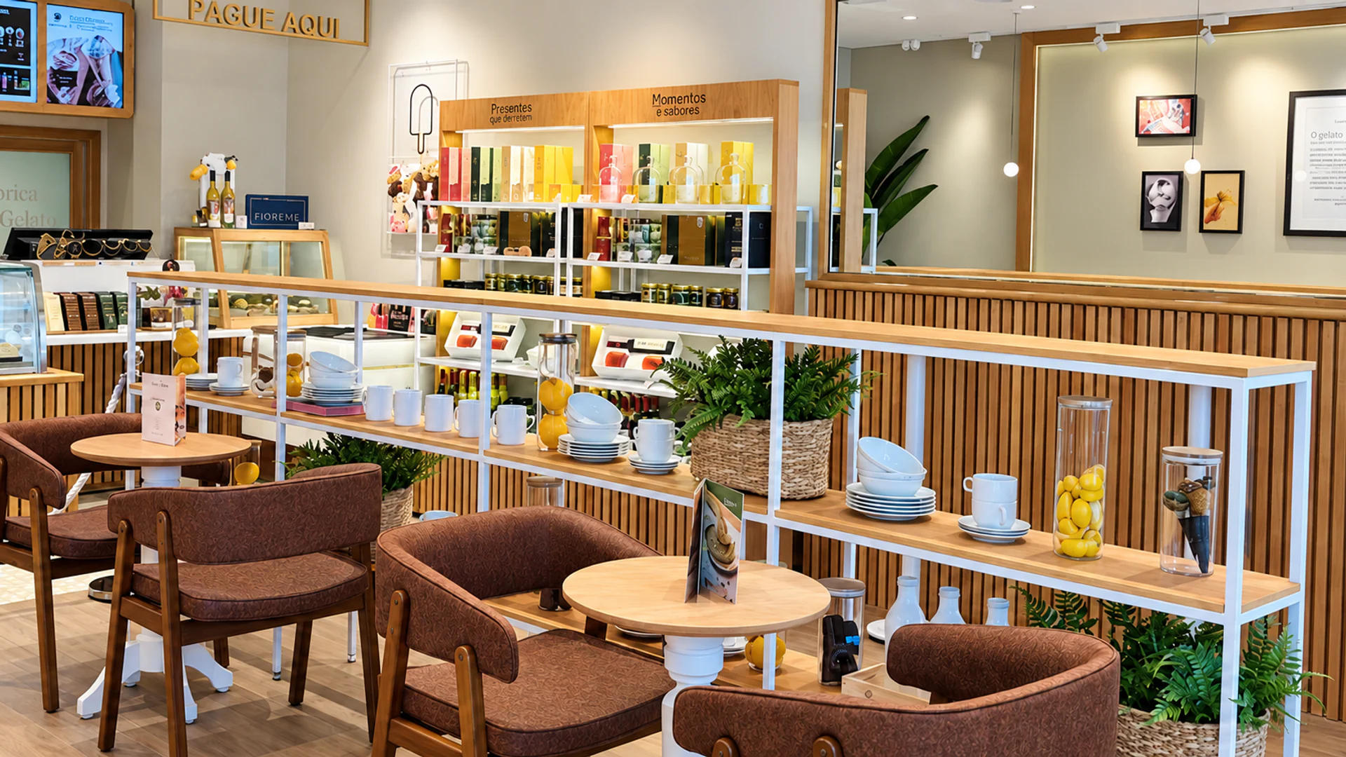 Interior da Bacio di Latte Santana, com marcenaria em madeira, divisória com prateleiras, iluminação e área de estar