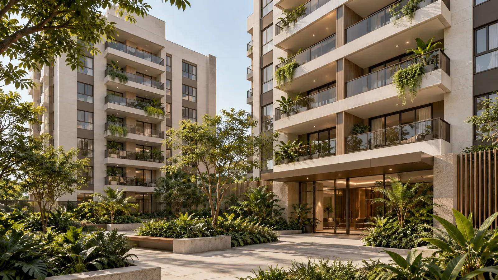 Conceito ilustrativo de condomínio residencial com pátio e jardins