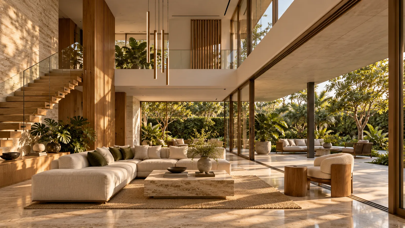 Ilustração de um ambiente residencial contemporâneo com acabamentos e iluminação natural.
